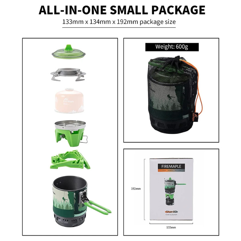 Fire-Maple FMS-X3 0.8 Liter Campingkookset Draagbare Gasbrander met Elektrische Ontsteking, Potondersteuning & Brandstofflesstabilisator Jetbrander- Kooksysteem voor Outdoor Trekking & Hiken(Groen